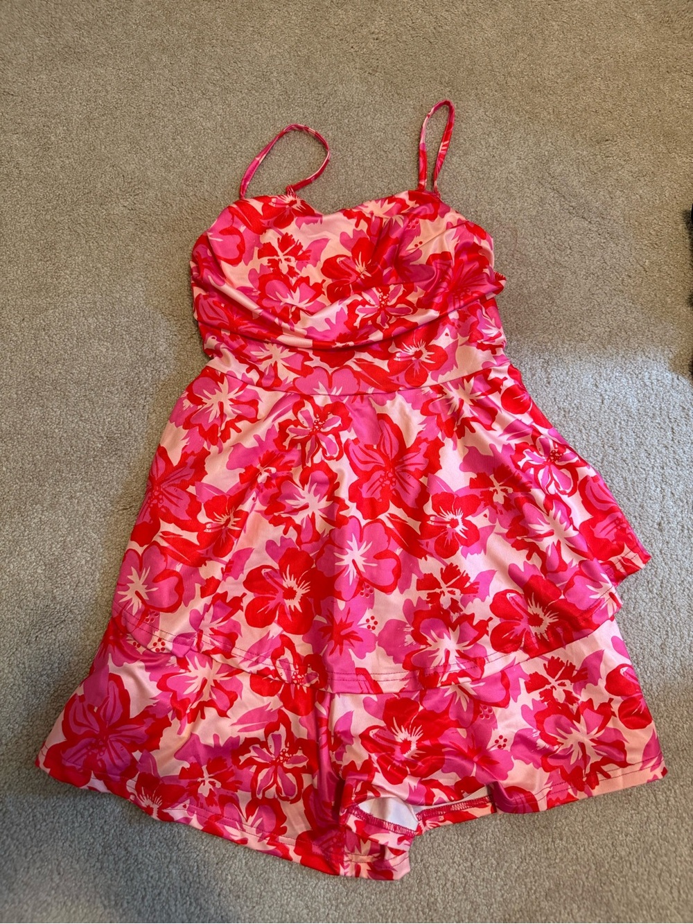 Amazon Women’s Red and Pink Floral Sundress Romper